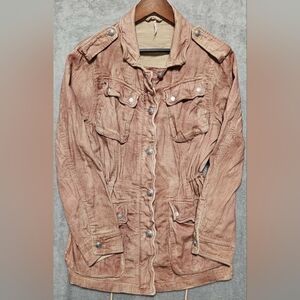 FREE PEOPLE Jacket Cargo Military Button Up Pink Acid Wash  Medium